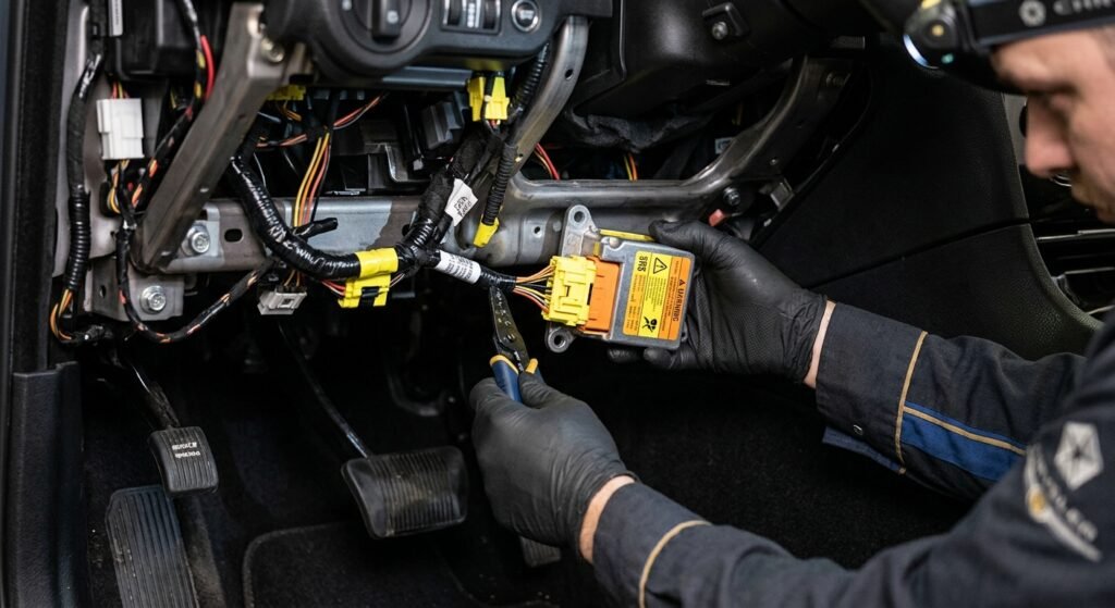 SRS module and passenger airbag wiring harness under the dashboard