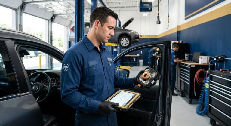 Technician holding an SRS airbag module and diagnostic tablet, illustrating dealer vs mail-in airbag reset options.