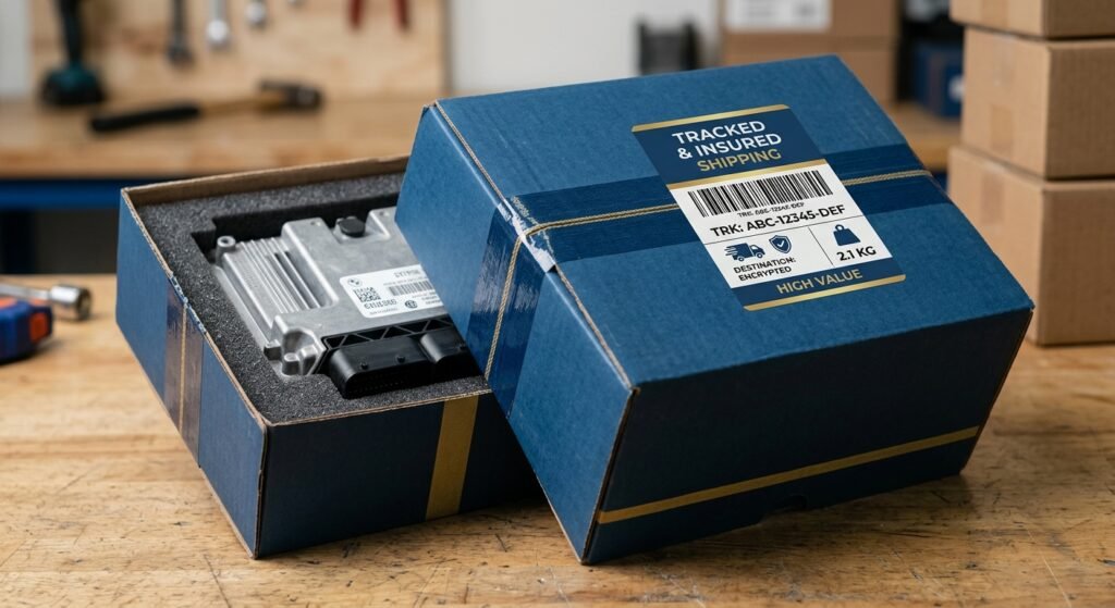Packaged SRS control module ready for mail-in airbag reset service.