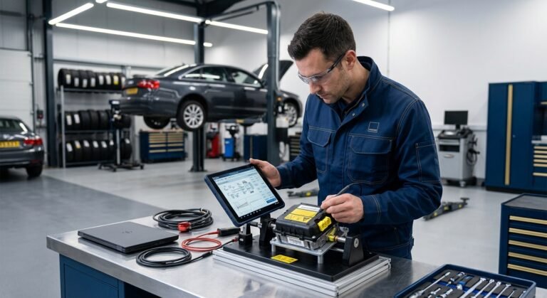 Technician inspecting an airbag module and diagnostic tool — DIY airbag module reset risks topic
