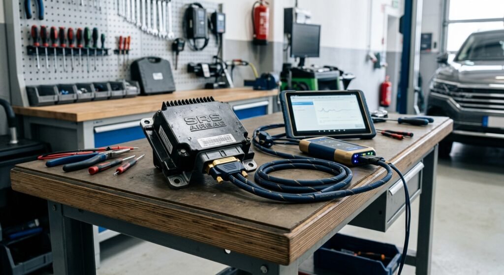 Close-up of SRS airbag module on a workbench with diagnostic cables