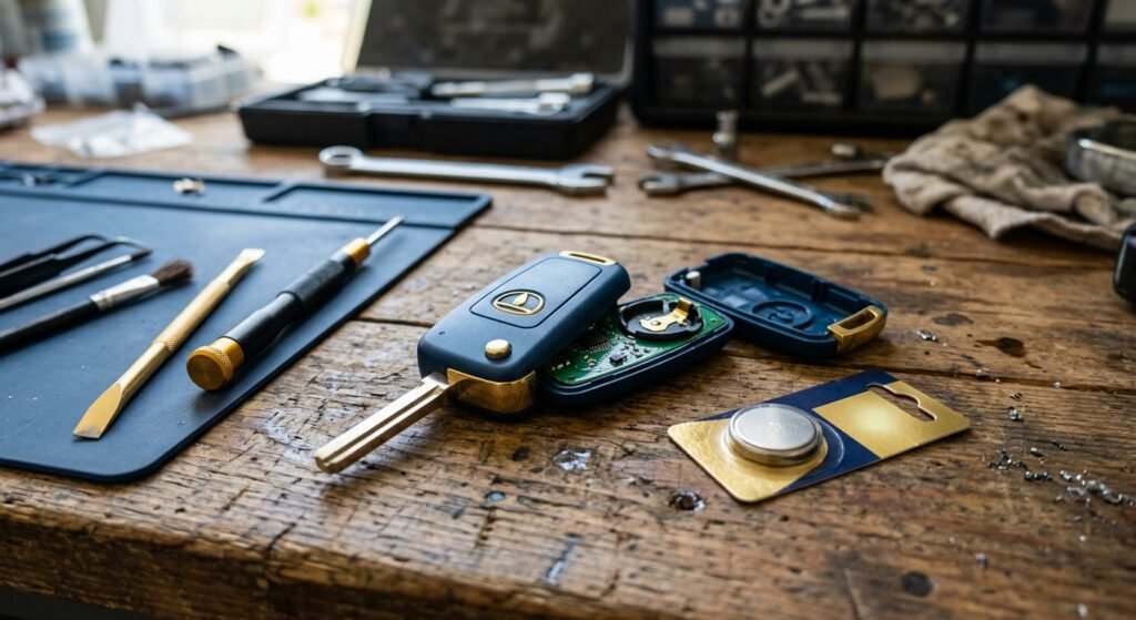 Open key fob on a workbench with replacement battery and tools nearby
