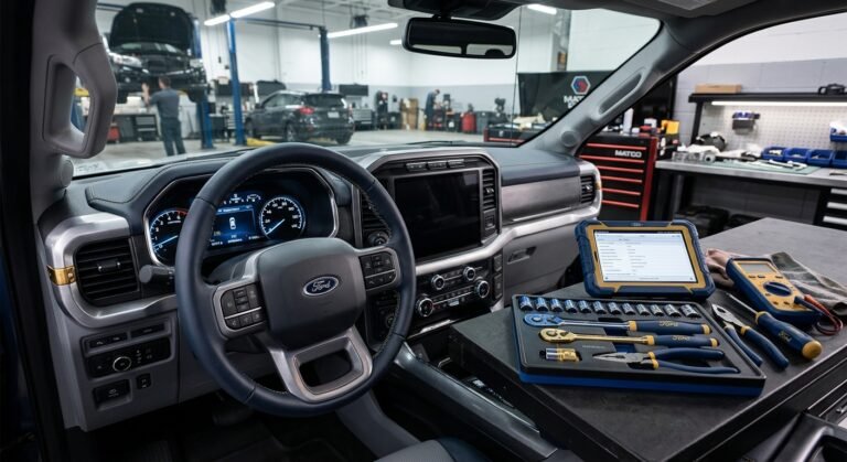 Ford U0155 — Lost Communication With Ipc (How To Fix) 6 Technician Inspecting A Ford Instrument Panel Cluster For Communication Faults (U0155).