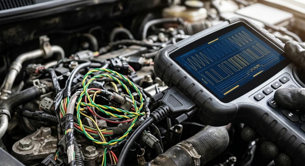 Close-up of CAN bus wiring and diagnostic tool used to trace IPC communication issues.