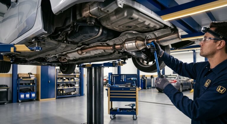Honda P0420 Code — Causes, Diagnosis &Amp; Fixes 8 Honda P0420 Diagnosis: Mechanic Inspecting Catalytic Converter And O2 Sensors