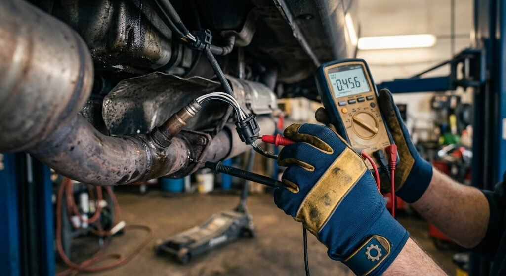 Honda P0420 Code — Causes, Diagnosis &Amp; Fixes 2 Technician Testing Downstream O2 Sensor With A Multimeter