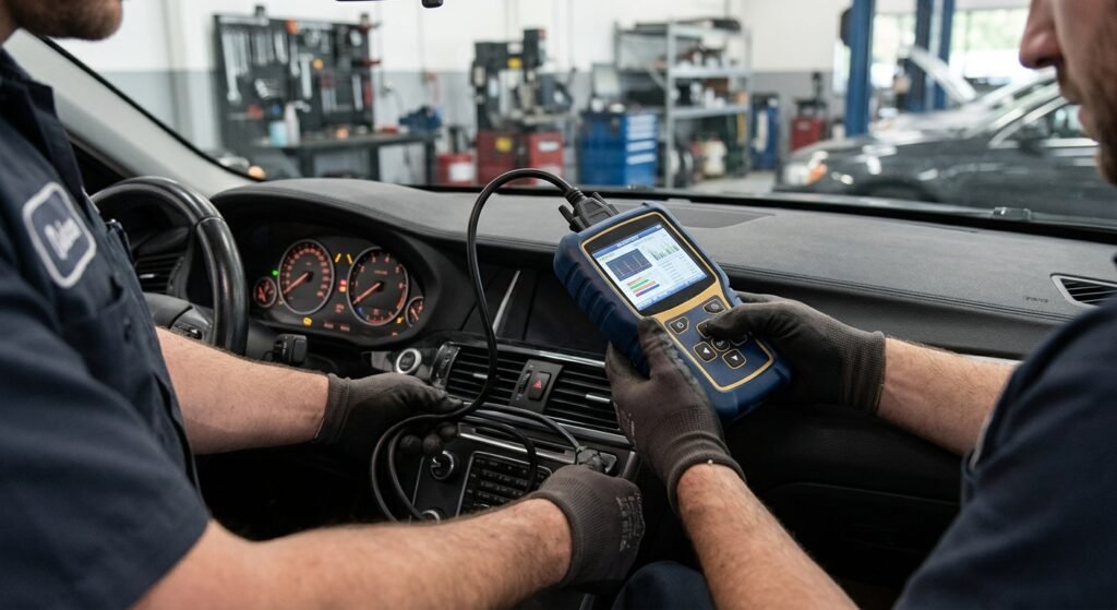 Technician using a diagnostic scan tool to read immobilizer codes