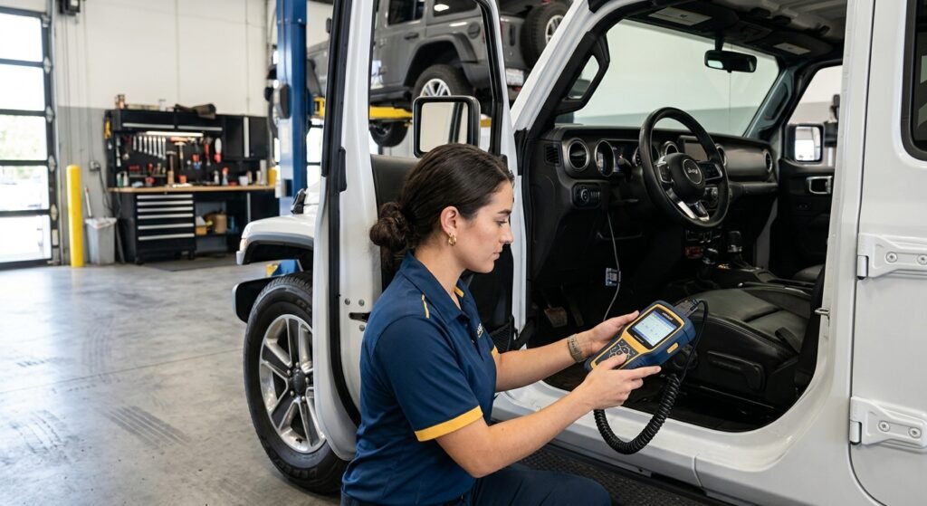 Technician scanning a Jeep with an OBD-II tool showing misfire counters for cylinder 1.