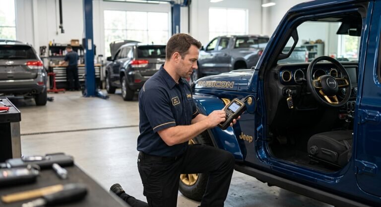 Jeep P1610 Code — Lock Mode Immobilizer Fix 7 Technician Programming A Jeep Key With A Diagnostic Tool Next To The Vehicle, Immobilizer Service Scene.