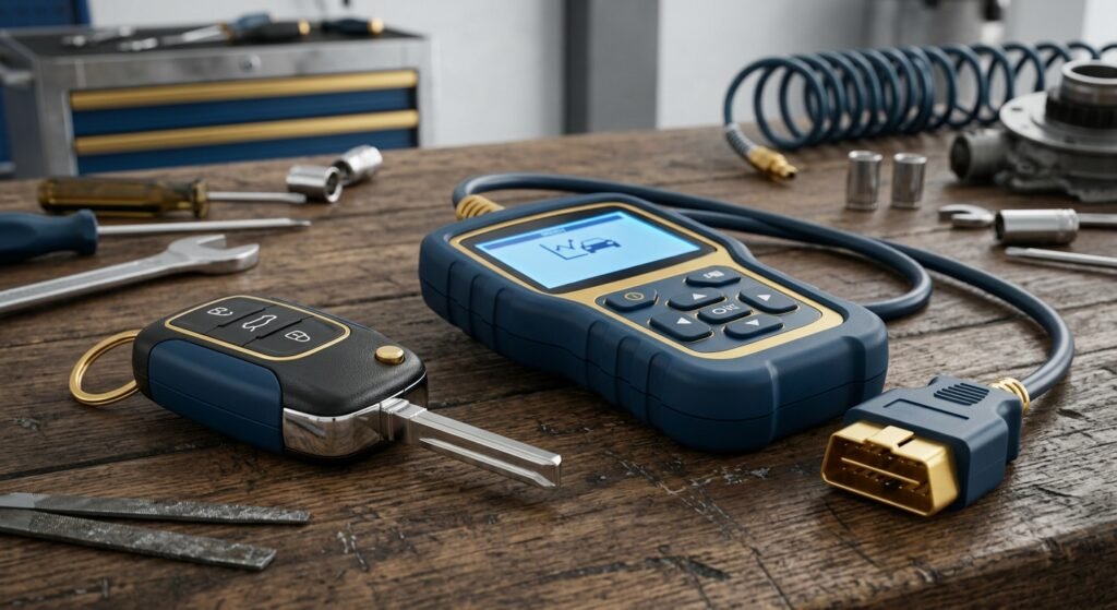 Jeep P1610 Code — Lock Mode Immobilizer Fix 2 Close-Up Of A Key Fob Next To A Diagnostic Scan Tool During Immobilizer Troubleshooting.