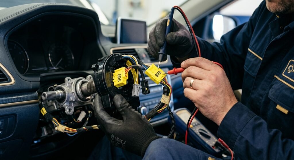 Close-up of SRS airbag connectors and clock spring inspection
