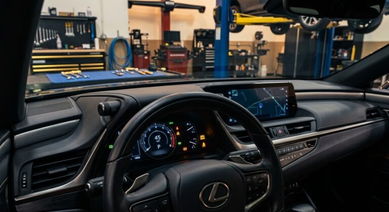 Lexus dashboard showing SRS airbag warning light—B1000 airbag module code context.