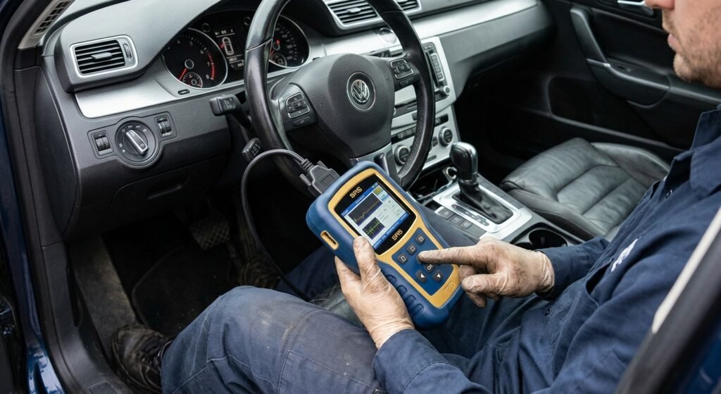 Technician scanning a vehicle's airbag control module with a professional SRS tool.