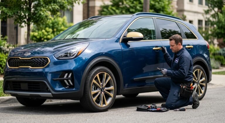 Mobile locksmith service technician creating a replacement car key beside a modern vehicle in Garland.