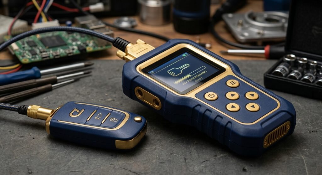 Key programming tool and key fob used by mobile locksmiths.