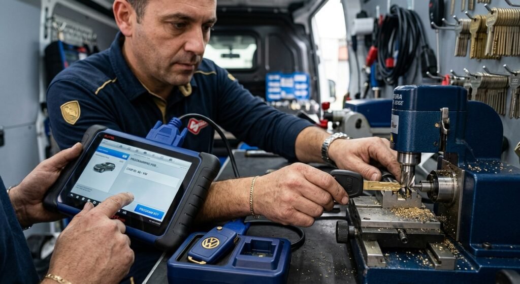 Locksmith cutting a car key and programming a transponder at the vehicle