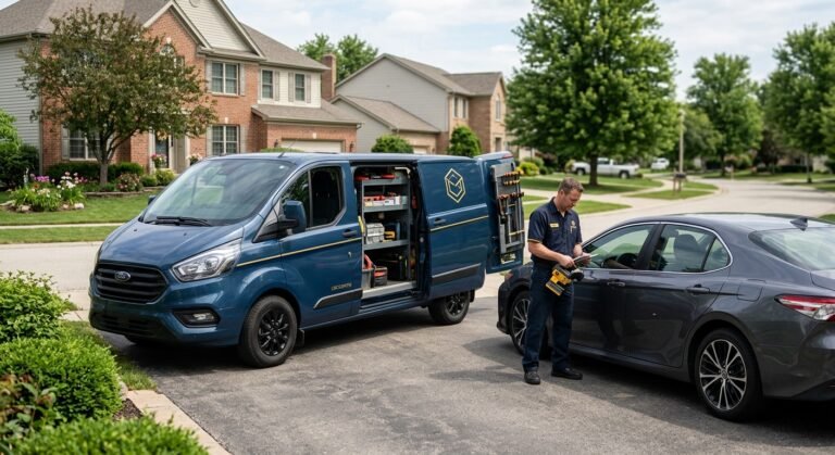 Mobile locksmith van beside a sedan in a driveway, helping a driver who lost all car keys in Garland.