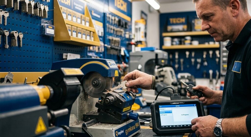 A locksmith cutting a car key and programming a smart key device on-site.
