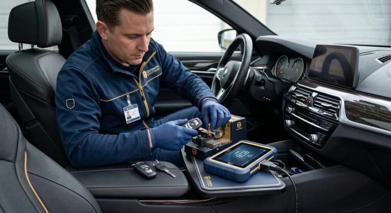 Locksmith cutting and programming car keys near vehicle — lost all car keys assistance.
