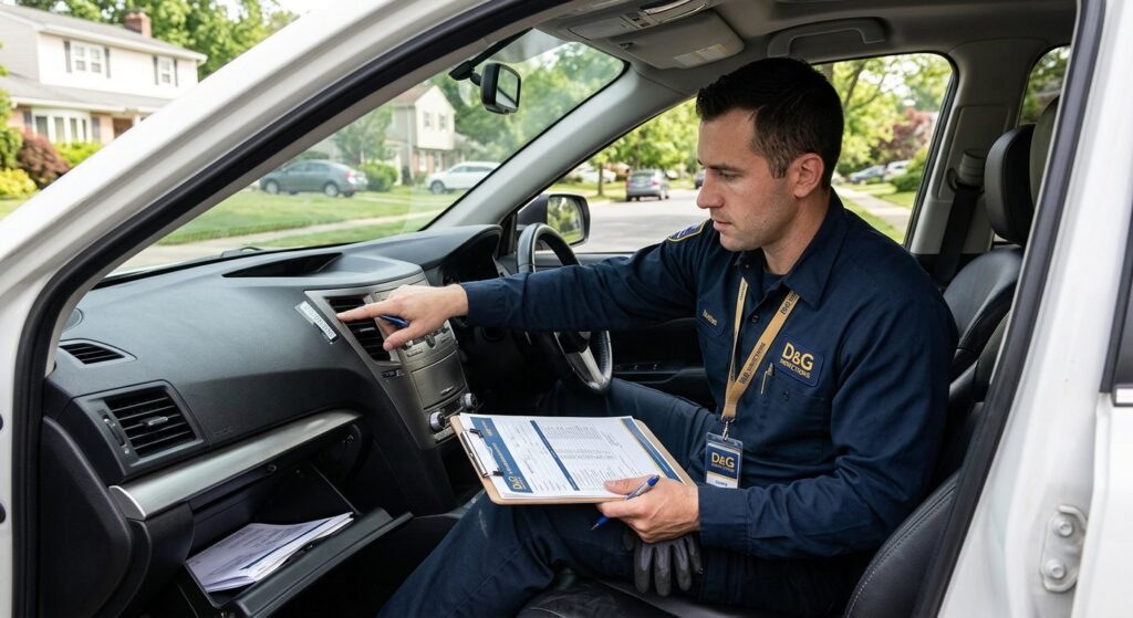 Technician checking VIN and owner paperwork inside a vehicle.