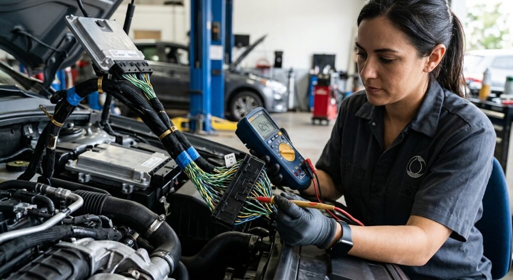 Technician inspecting CAN bus wiring and BCM connector