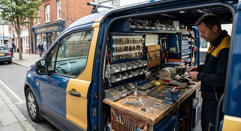 Mobile locksmith workstation with keys and programming tools.