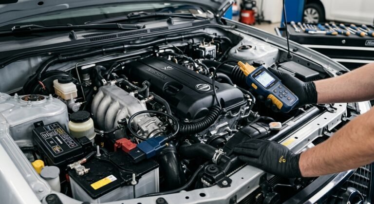 Nissan engine bay with OBD-II scanner showing P0300 code diagnosis