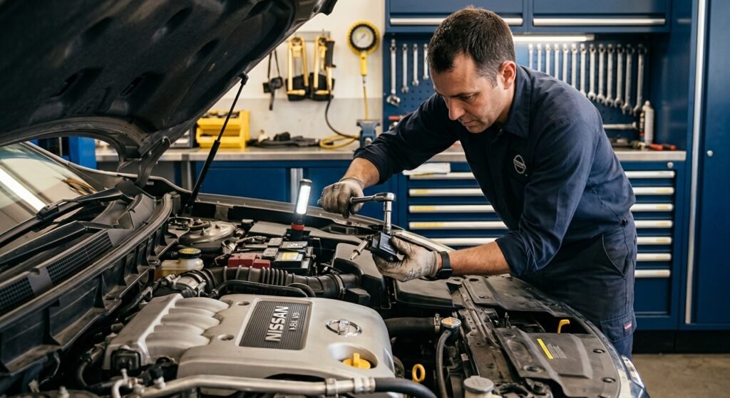 Technician inspecting spark plugs and ignition coils in a Nissan engine bay