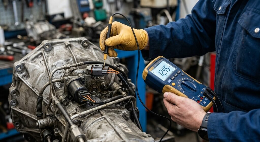 Technician testing a Honda transmission TCC solenoid connector with a multimeter.