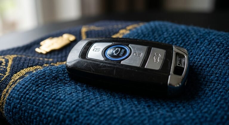 Push-to-start key fob on blue background, Denton key replacement service
