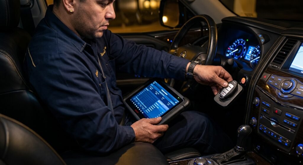 Technician programming a push-to-start key fob inside a car