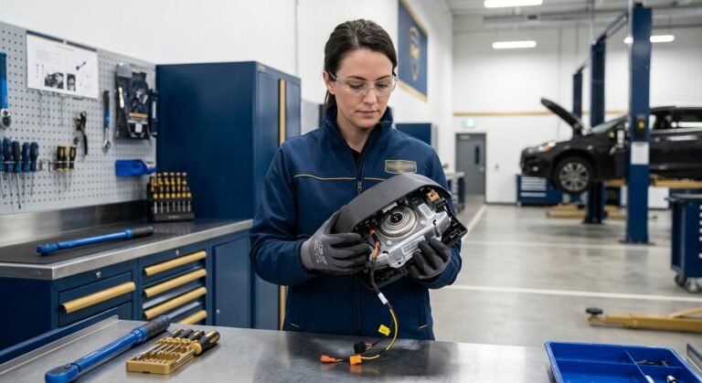 Technician holding an SRS airbag module from a salvage-title vehicle, ready for reset