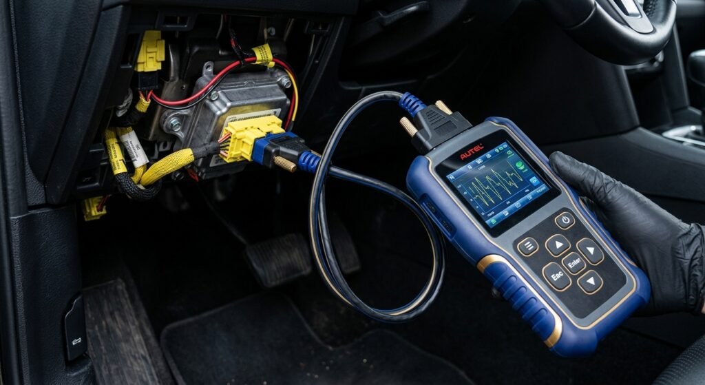 Diagnostic scan tool reading SRS crash data from an airbag module