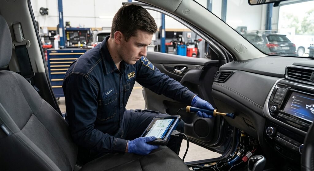 Technician performing an SRS scan near a vehicle seat belt and dashboard.
