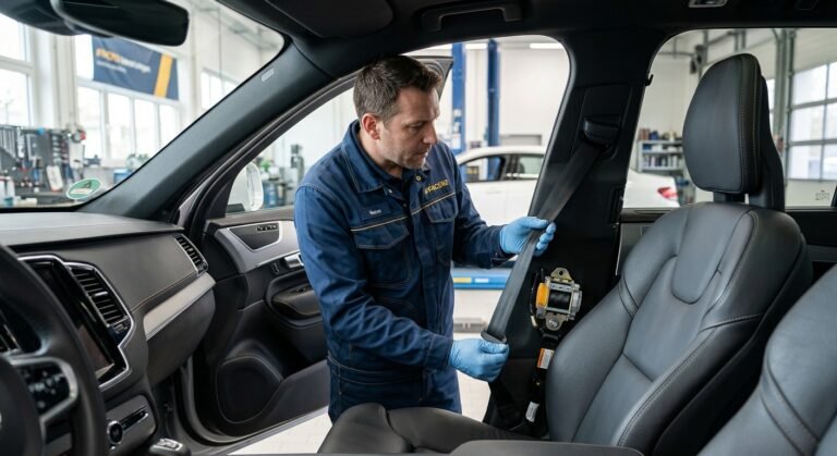 Technician inspecting seat belt and pretensioner after a collision, seat belt replacement after accident