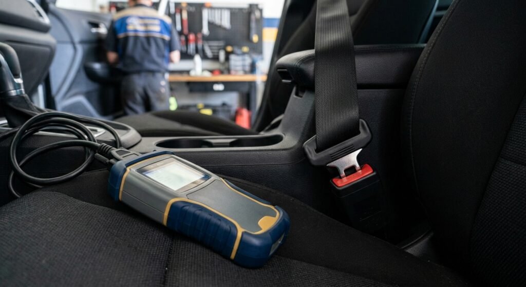 Seat belt buckle and webbing with diagnostic scanner ready for SRS inspection