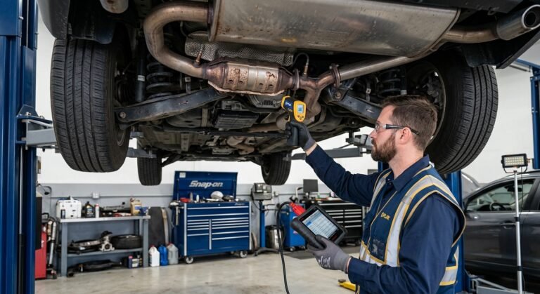Toyota P0420 Code — Causes, Diagnosis &Amp; Fixes 1 Toyota Underside Diagnostic Scene Showing Catalytic Converter Inspection And Obd Scanner