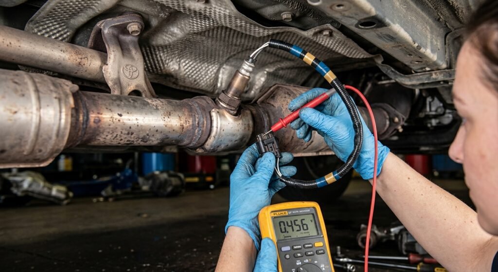 Toyota P0420 Code — Causes, Diagnosis &Amp; Fixes 2 Close-Up Of Oxygen Sensor And Wiring With Multimeter Probe For Emissions Diagnosis