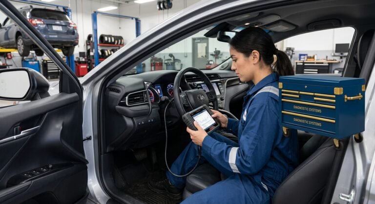Toyota U1000 — Can Bus Fault: Causes &Amp; Fix 4 Technician Diagnosing Toyota U1000 Can Bus Communication Fault With A Professional Scan Tool.