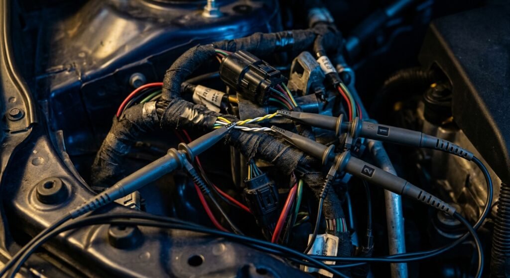 Oscilloscope measuring CAN bus signals near a Toyota wiring harness.