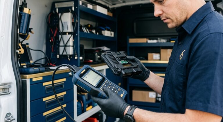 Technician holding SRS airbag module and scanner for Volkswagen U0151 diagnosis