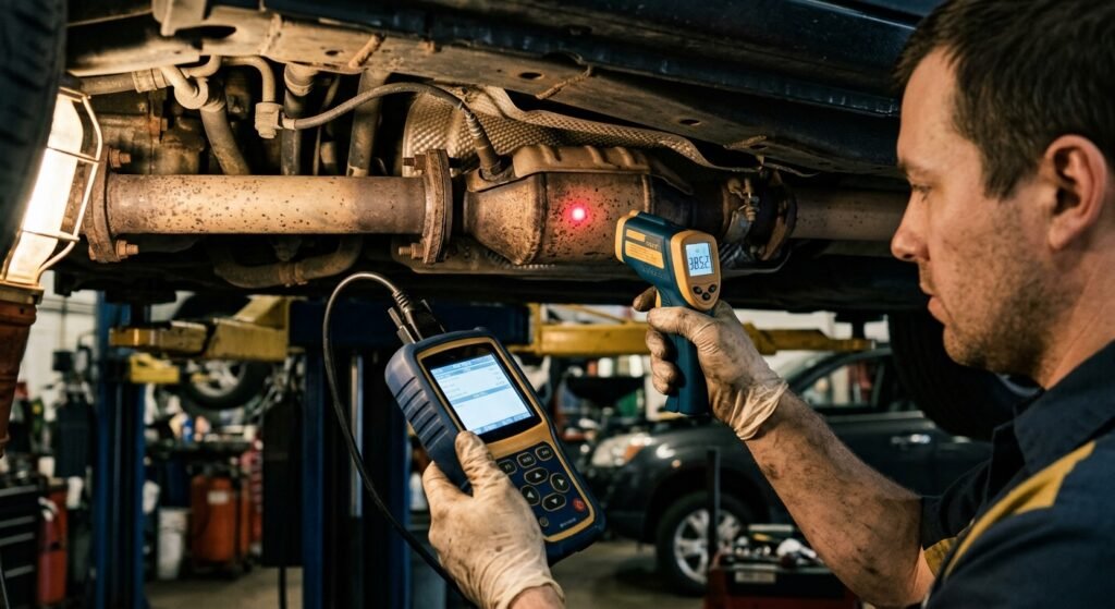 Buick P0420 Code — Expert, Safe Guide 2 Buick P0420 Code — Technician Using Obd-Ii Scanner And Infrared Thermometer On Catalytic Converter.