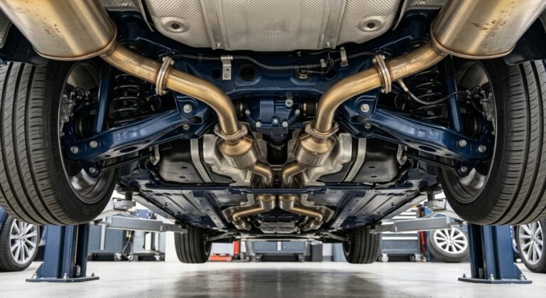 Cadillac P0420 Code — Proven Expert Guide &Amp; Safe Fix 6 Cadillac P0420 Code — Underbody View Of A Cadillac Showing Exhaust And Catalytic Converter, Illustrative Of P0420 Catalytic Issues.