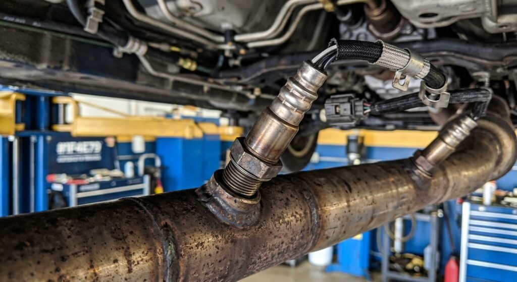 Cadillac P0420 Code — Proven Expert Guide &Amp; Safe Fix 2 Cadillac P0420 Code — Close-Up Of Upstream And Downstream Oxygen Sensors In An Exhaust Pipe.