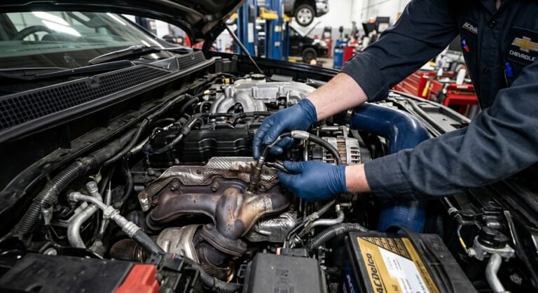 Chevrolet P0420 Code — Causes, Diagnosis &Amp; Fixes 2 Technician Inspecting Exhaust And O2 Sensor — Chevrolet P0420 Catalytic Code Topic