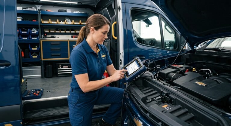 Chevrolet U0100 Code — Expert Safe Fixes 5 Chevrolet U0100 Code — Technician Diagnosing A Chevrolet With A Scan Tool In A Mobile Service Van, Module Programming Context.