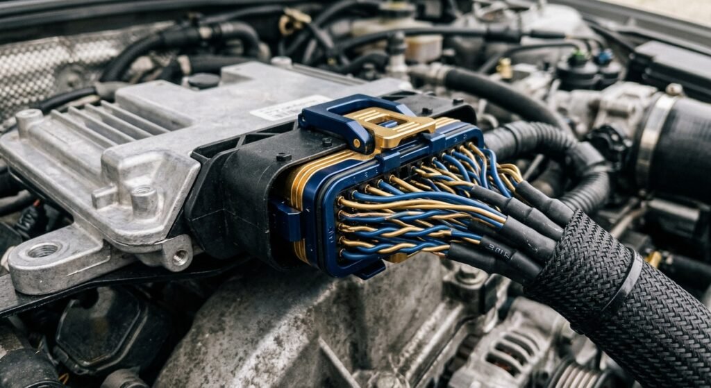 Chevrolet U0100 Code — Expert Safe Fixes 2 Chevrolet U0100 Code — Close-Up Of Ecu Connector And Can Wiring Harness Showing Inspection And Diagnostics.