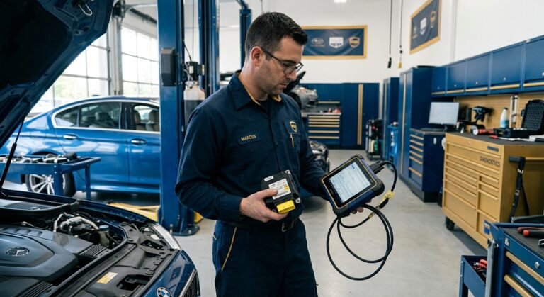 Chrysler B1000 — Proven Safe Fixes For Ecu Fault 4 Chrysler B1000 — Technician Holding An Airbag/Srs Control Module With Diagnostic Scanner For Chrysler B1000 Issue.