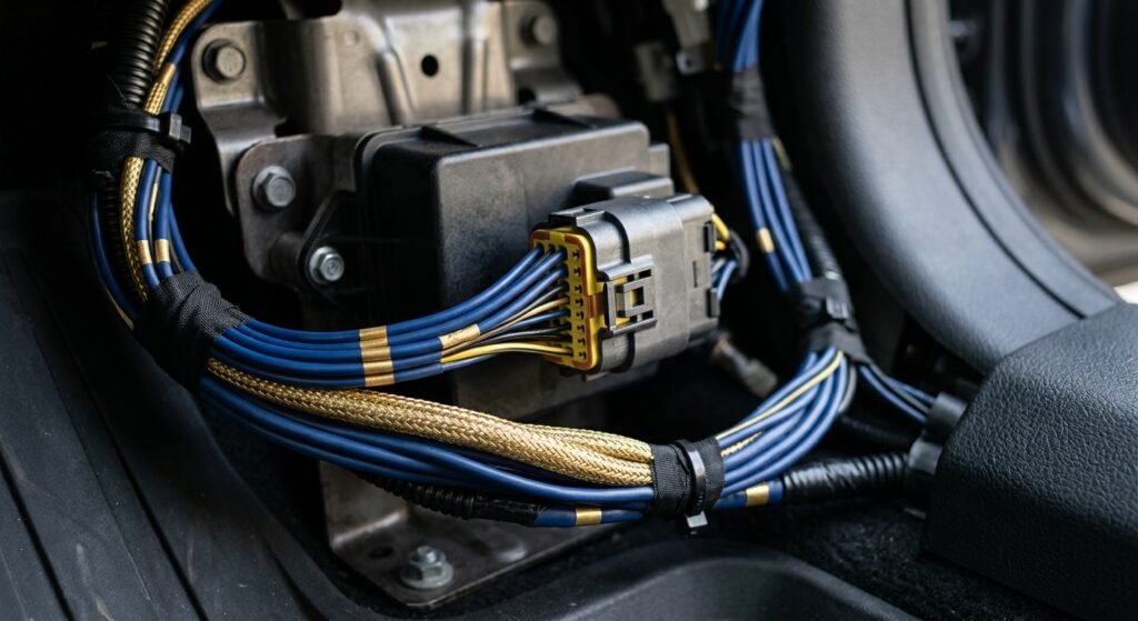 Chrysler B1000 — Proven Safe Fixes For Ecu Fault 2 Chrysler B1000 — Close-Up Of An Airbag Control Module Connector And Wiring Harness.