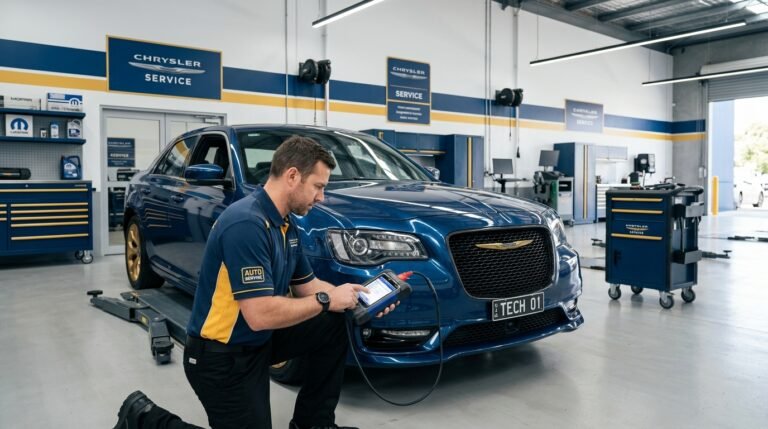 Chrysler P0420 Code — Technician Scanning A Chrysler For P0420 Code In A Clean Garage